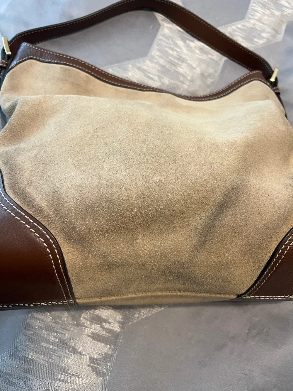 Michael Kors Tan Suede and Brown Leather Hobo Shoulder Bag